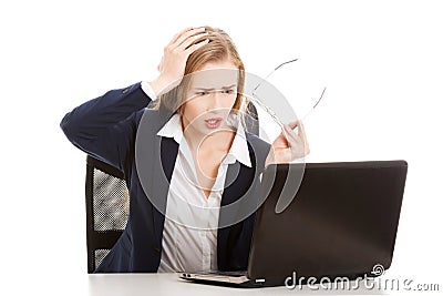 Surprised and curious business woman cannot believe what she see Stock Photo