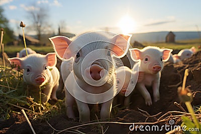 Surprised and curious young piglets look at the camera, close-up Stock Photo