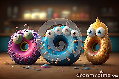 Surprised cute donuts with pop-eyed. Generative AI. Children's holiday Stock Photo