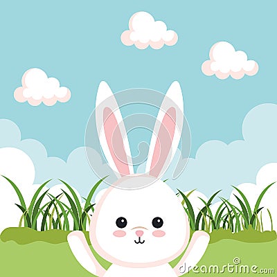 Surprised cute rabbit animal with grass Vector Illustration