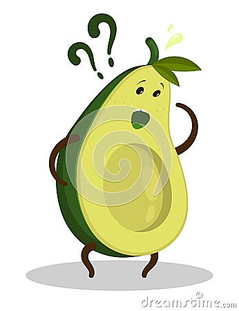 Surprised frustrated avocado character is looking for missing bone under his feet. Cartoon vector isolated on white background Vector Illustration