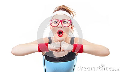 Surprised funny fitness woman ready for gym Stock Photo