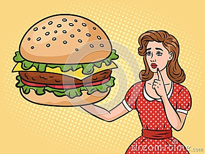 Surprised girl with giant burger pop art vector Vector Illustration