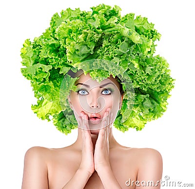 Surprised girl with green Lettuce hairstyle Stock Photo