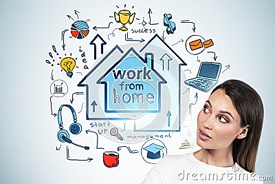 Surprised girl looking at work from home sketch Stock Photo