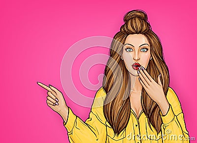 Surprised girl pointing by finger on something Vector Illustration