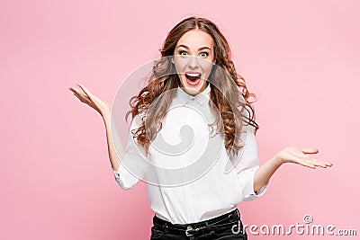 Surprised happy beautiful woman looking in excitement. Stock Photo