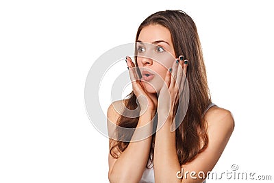 Surprised happy beautiful woman looking sideways in excitement, isolated on white background Stock Photo