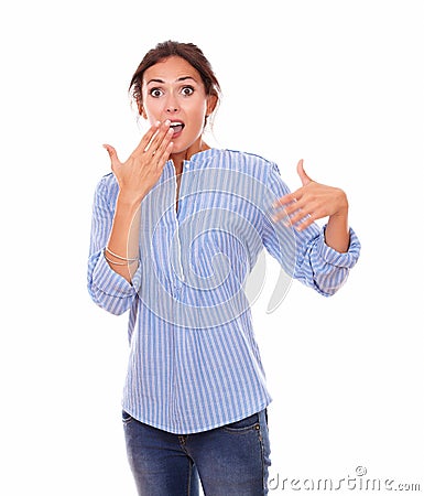 Surprised hispanic lady with funny face Stock Photo