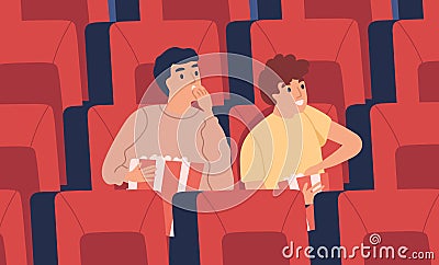 Surprised, interested young man, boys at movie theater eating popcorn in empty cinema hall. Teenager friends, two Vector Illustration