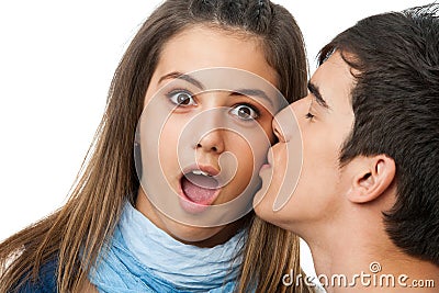 Surprised by kiss on cheek. Stock Photo