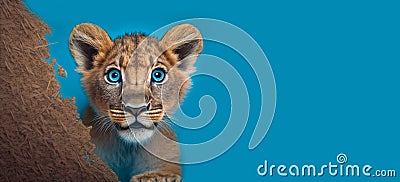 Surprised lion cub peeking from corner on blue background. Generative AI Stock Photo