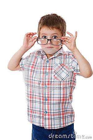 Surprised little boy in glasses Stock Photo