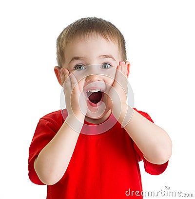 Surprised little boy portrait in red tshirt isolated Stock Photo