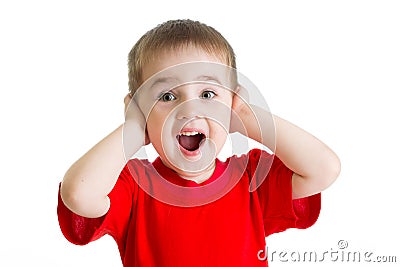 Surprised little boy portrait in red tshirt isolated Stock Photo