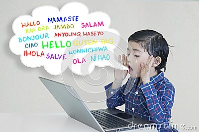 Surprised little boy screaming with multilingual Stock Photo