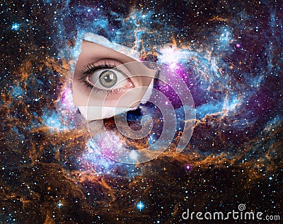 Surprised look through the hole in the space banner. Stock Photo