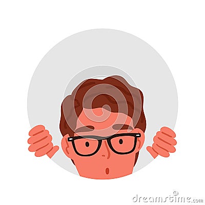 Surprised male teenager in glasses peeping through circle hole vector flat illustration. Amazed curious man watching Vector Illustration