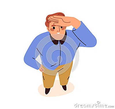 Surprised man looking up, staring, wondering, top above view, overhead. Person standing, watching, shocked amazed face Vector Illustration