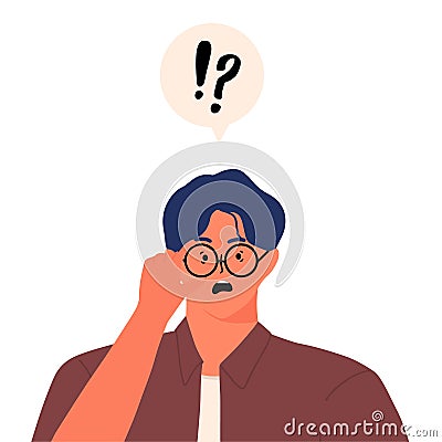 Surprised man staring at camera through glasses. surprising news concept and Speech bubble above question marks and exclamation ma Vector Illustration