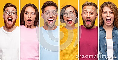 Surprised millennial people in colorful clothes Stock Photo