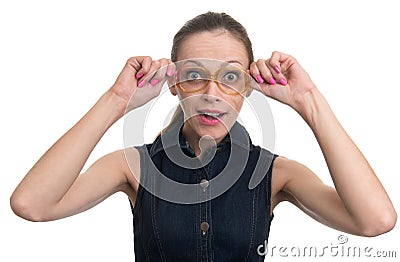 Surprised nerd woman in glasses Stock Photo