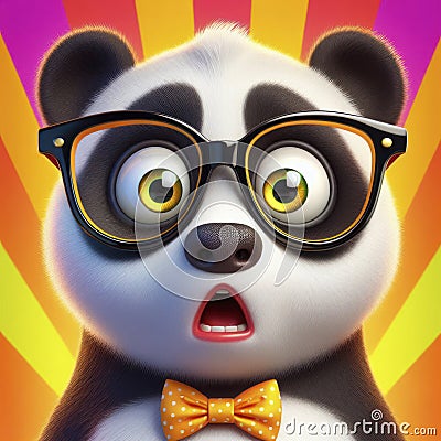 Surprised panda with bulging big eyes wear glasses on bright color background. ai generative Stock Photo