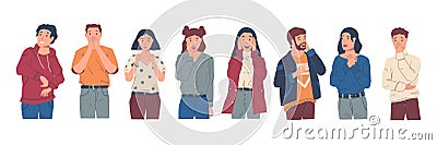 Surprised people. Excited and wondered characters with raised hands and happy faces. Young men and women feeling Vector Illustration