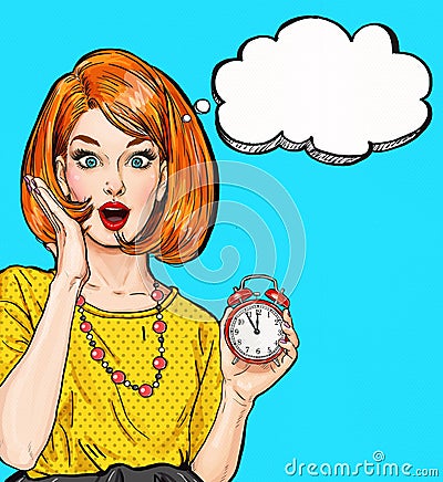 Surprised Pop Art girl with clock with thought bubble. Party invitation. Birthday card. Hollywood, movie star. Comic woman. Stock Photo