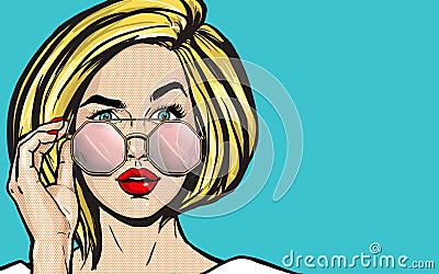 Surprised Pop Art Woman in glasses. Thinking blonde young sexy girl with open mouth. Expressive facial expressions. Wow face. Stock Photo