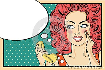 Surprised pop art woman with retro phone, who tells her secrets. Cartoon Illustration