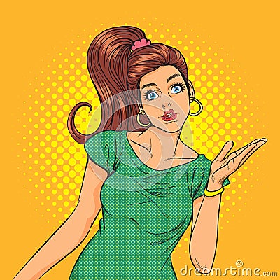 Surprised pretty woman gesture presenting something Vector Illustration