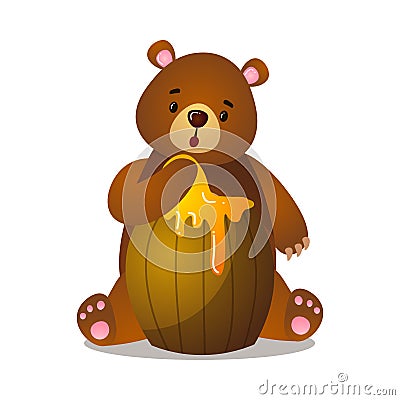 Surprised cartoon brown grizzly bear with barrel of honey Vector Illustration