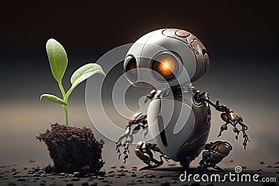 Surprised robot looks at a small sprout in an egg. concept of opposition between living and artificially created Stock Photo