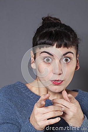 Surprised 20s fair-skinned girl recognizing someone Stock Photo