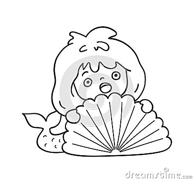Surprised scared mermaid hiding behind a sea shell. Cute cartoon character for emoji, sticker, pin, patch, badge. Vector Illustration