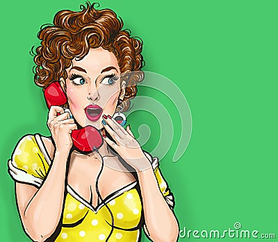 Surprised woman with retro telephone.Advertising poster.Comic woman.Gossip girl. Call me. Stock Photo