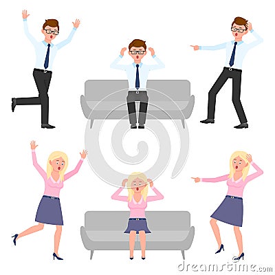 Surprised, shocked, amazed man and woman vector. Sitting on sofa, running in panic, nervous, scared boy and girl cartoon character Vector Illustration
