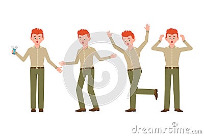 Surprised, shocked, amazed red hair young man in green pants vector illustration. Stressed, worry, nervous, scared boy character Vector Illustration