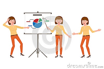 Surprised, shocked, brown hair office girl in orange pants vector illustration. Vector Illustration