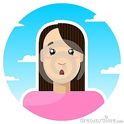 Surprised, shocked girl; round icon on a background of sky and clouds. Stock Photo