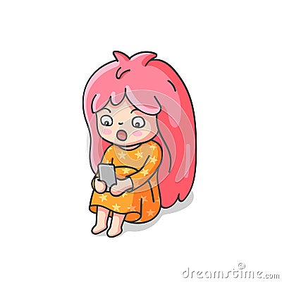 Surprised shocked little girl looking into the smartphone. Cute cartoon character for emoji, sticker, pin, patch, badge. Vector Illustration
