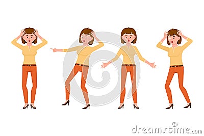 Surprised, shocked, scared, under the pressure brown hair young woman vector illustration. Stressed, worry, nervous girl character Vector Illustration