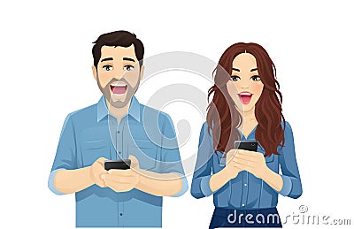 Surprised shocked young people with gadgets Vector Illustration