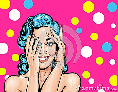 Surprised smiling girl. Comic woman. girl. Amazed woman. Stock Photo