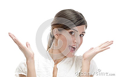 Surprised smiling woman Stock Photo