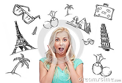 Surprised smiling young woman or teenage girl Stock Photo