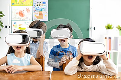 Surprised students with virtual reality headset Stock Photo