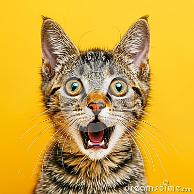 Surprised tabby kitten is meowing on a yellow background. Stock Photo