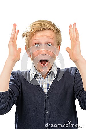 Surprised teenage boy screaming thrilled Stock Photo